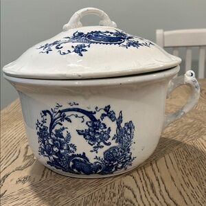 Antique Ironstone White and Blue Floral Chamber Pot with lid